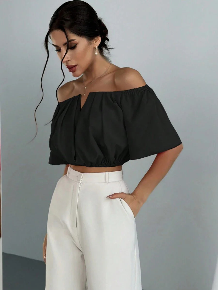 Aloruh Solid Color V-Neck Off Shoulder Casual Top