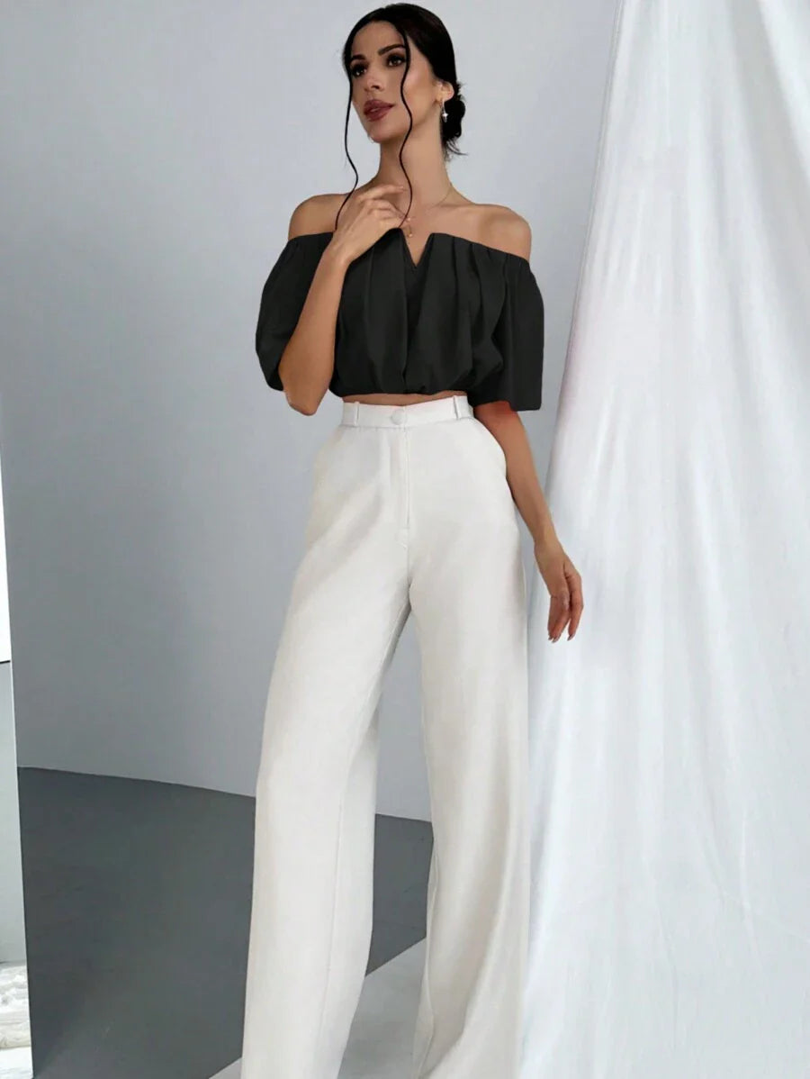 Aloruh Solid Color V-Neck Off Shoulder Casual Top