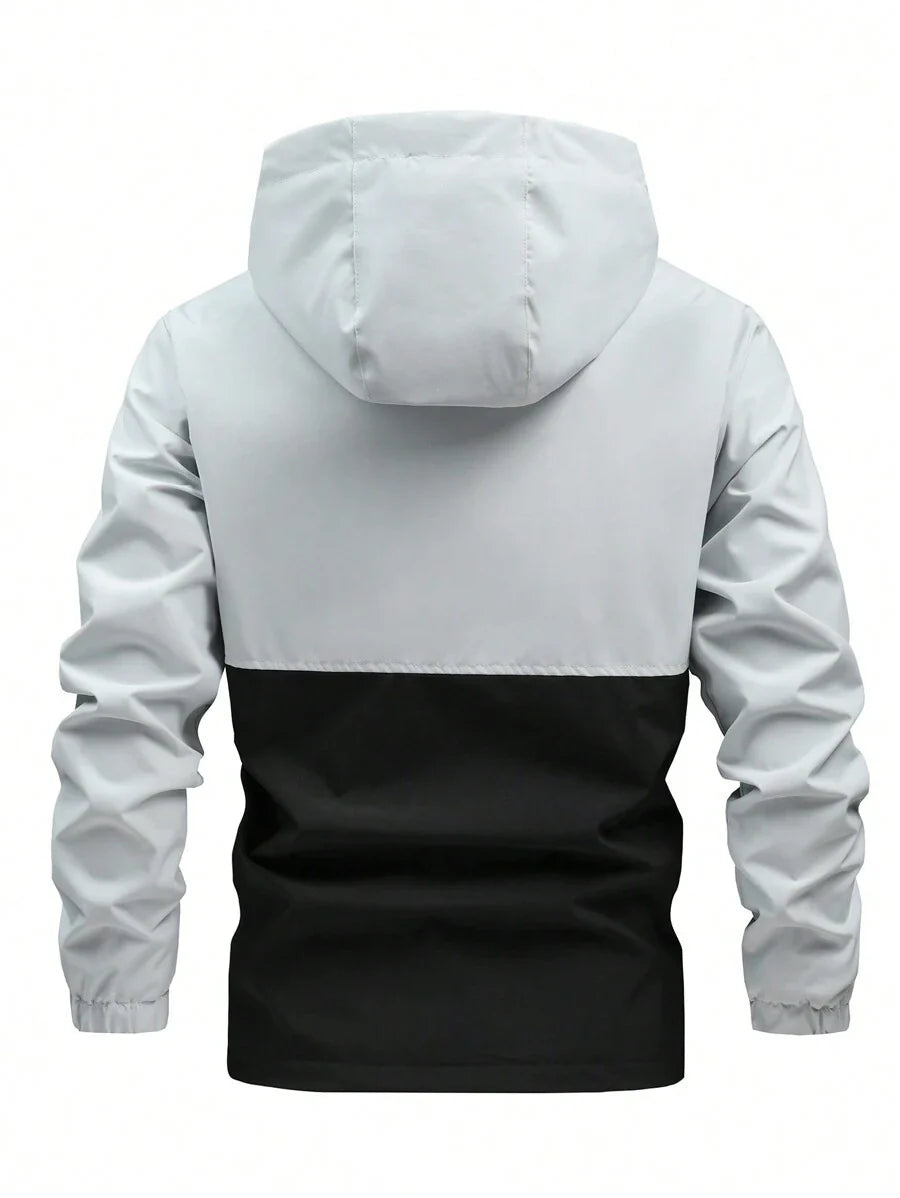 Manfinity Homme Men's Loose Fit Two Tone Letter Graphic Hooded Outdoor Windbreaker Jacket With Drawstring, For Fall