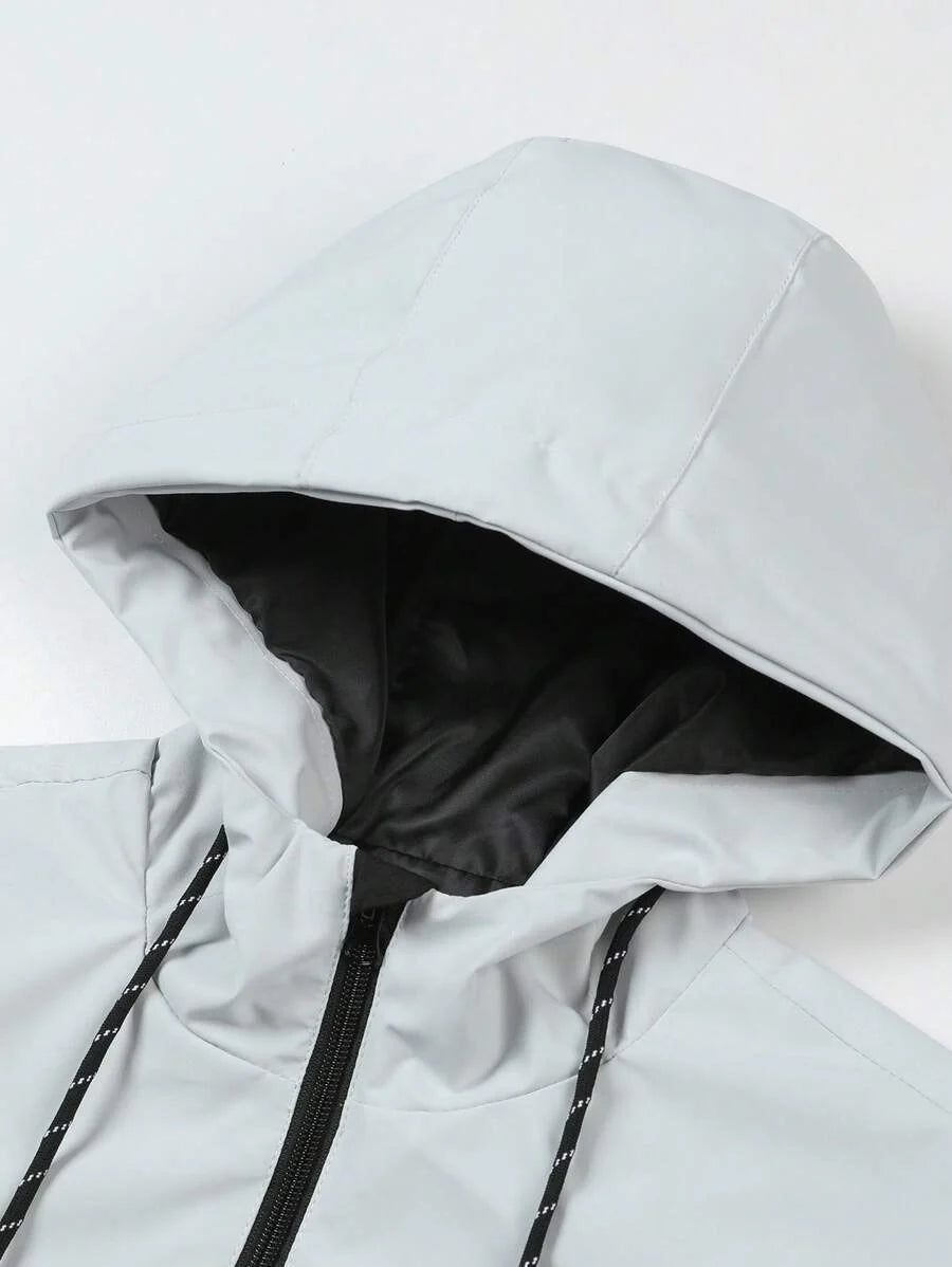 Manfinity Homme Men's Loose Fit Two Tone Letter Graphic Hooded Outdoor Windbreaker Jacket With Drawstring, For Fall