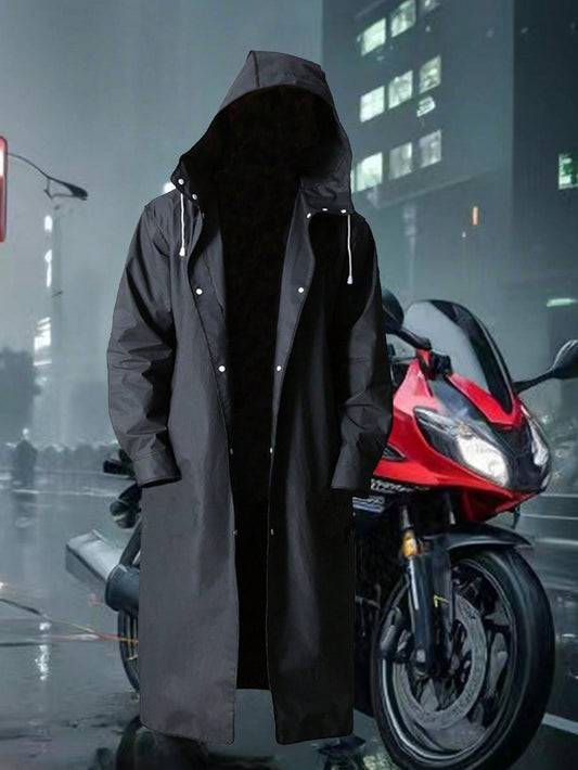 1 PC Men Black Waterproof Long Raincoat Rain Coat Hooded Trench Jacket Outdoor Hiking Motorcycle Rain Coat For School, Office, Household, Travel, Back To School Supplies Summer Cooling, Beach, Travel