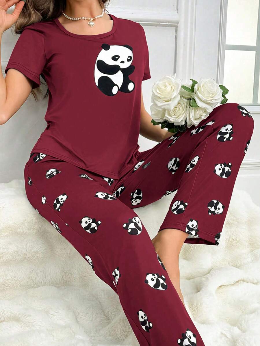 Women's Panda Print Short Sleeve Top And Long Pants Pajama Sets
