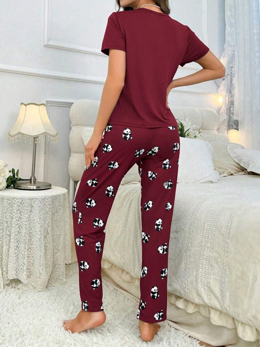 Women's Panda Print Short Sleeve Top And Long Pants Pajama Sets