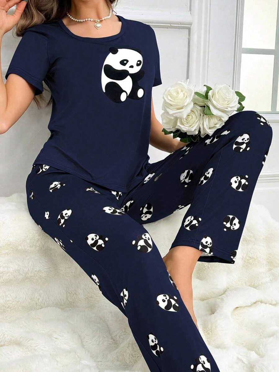 Women's Panda Print Short Sleeve Top And Long Pants Pajama Sets