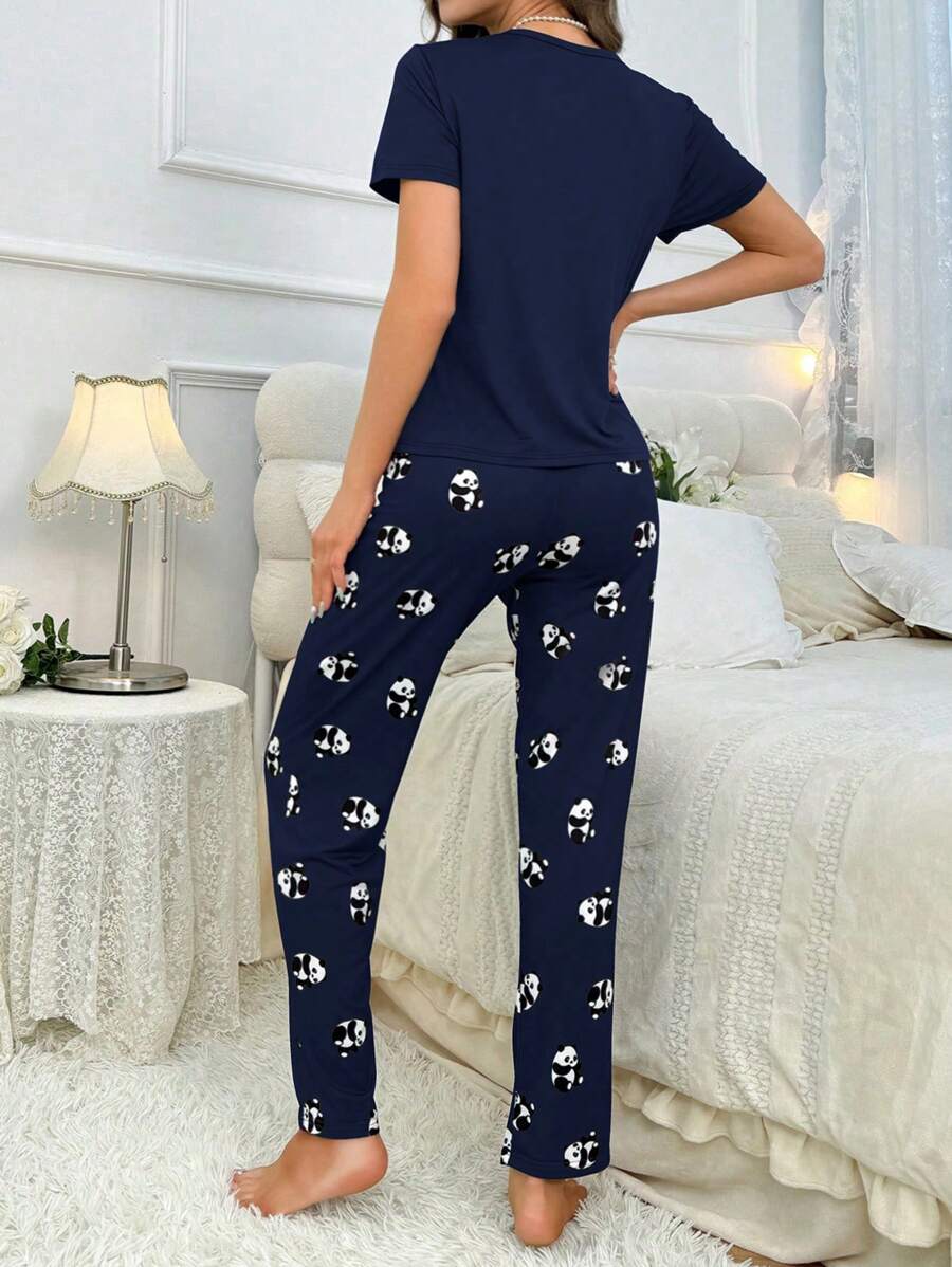 Women's Panda Print Short Sleeve Top And Long Pants Pajama Sets