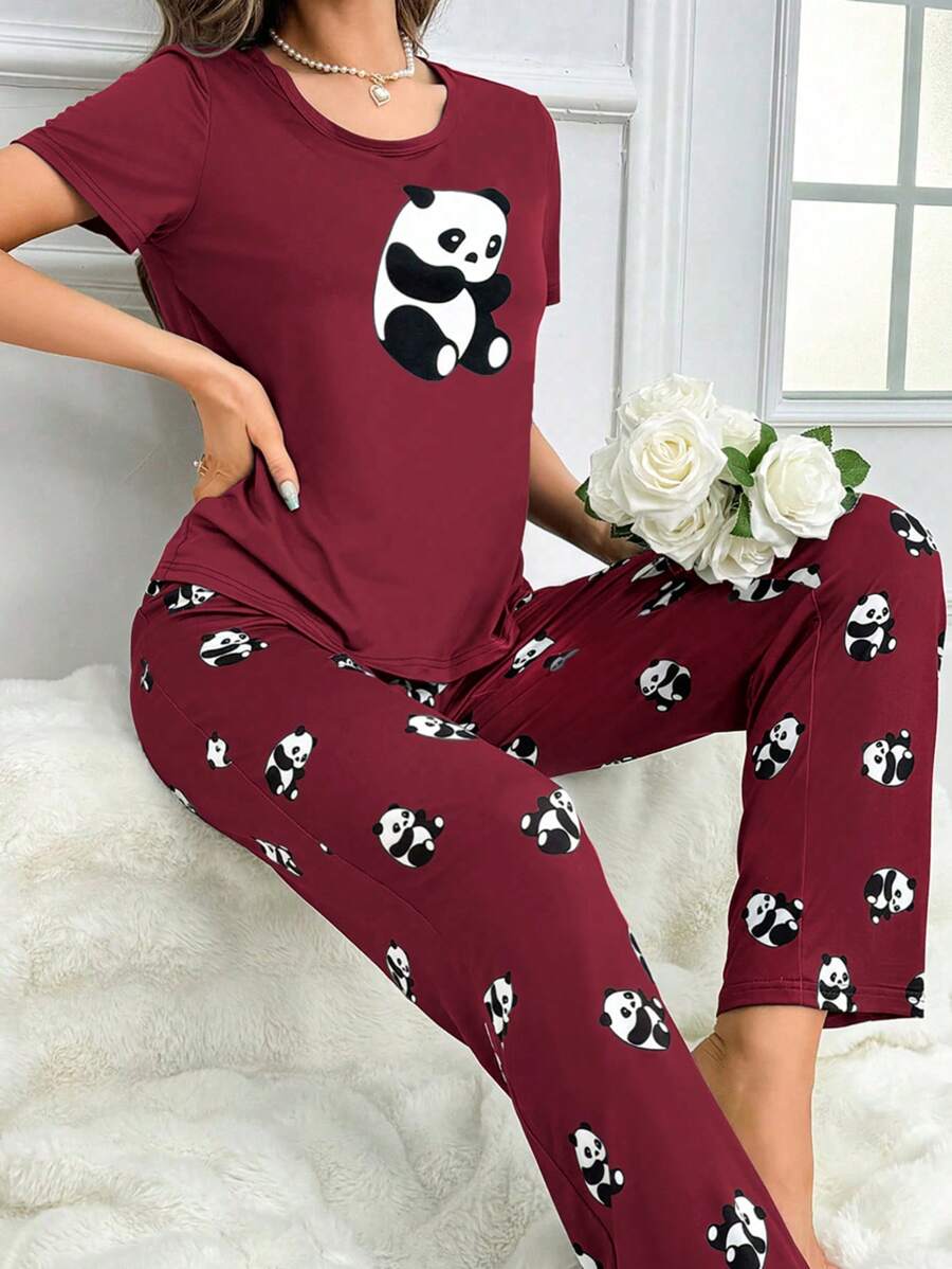 Women's Panda Print Short Sleeve Top And Long Pants Pajama Sets