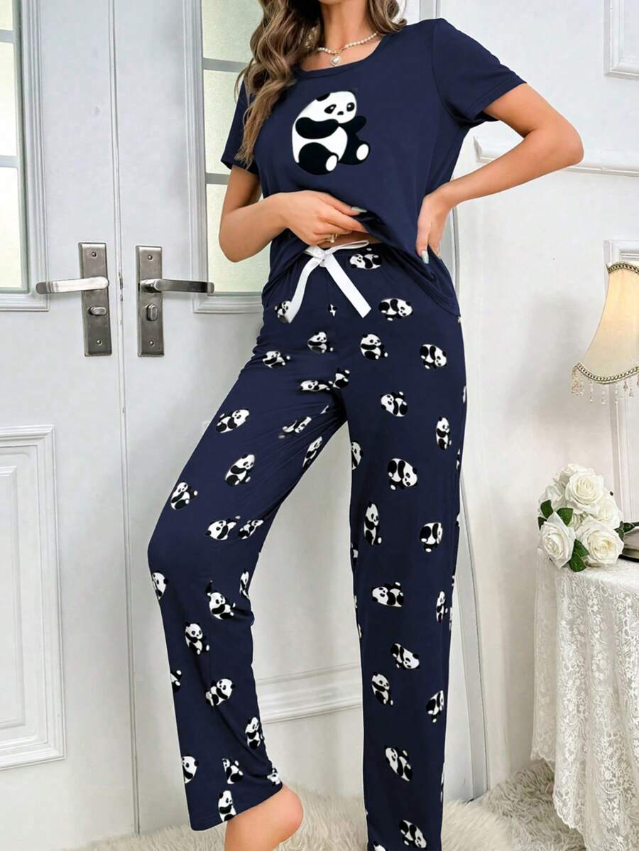 Women's Panda Print Short Sleeve Top And Long Pants Pajama Sets