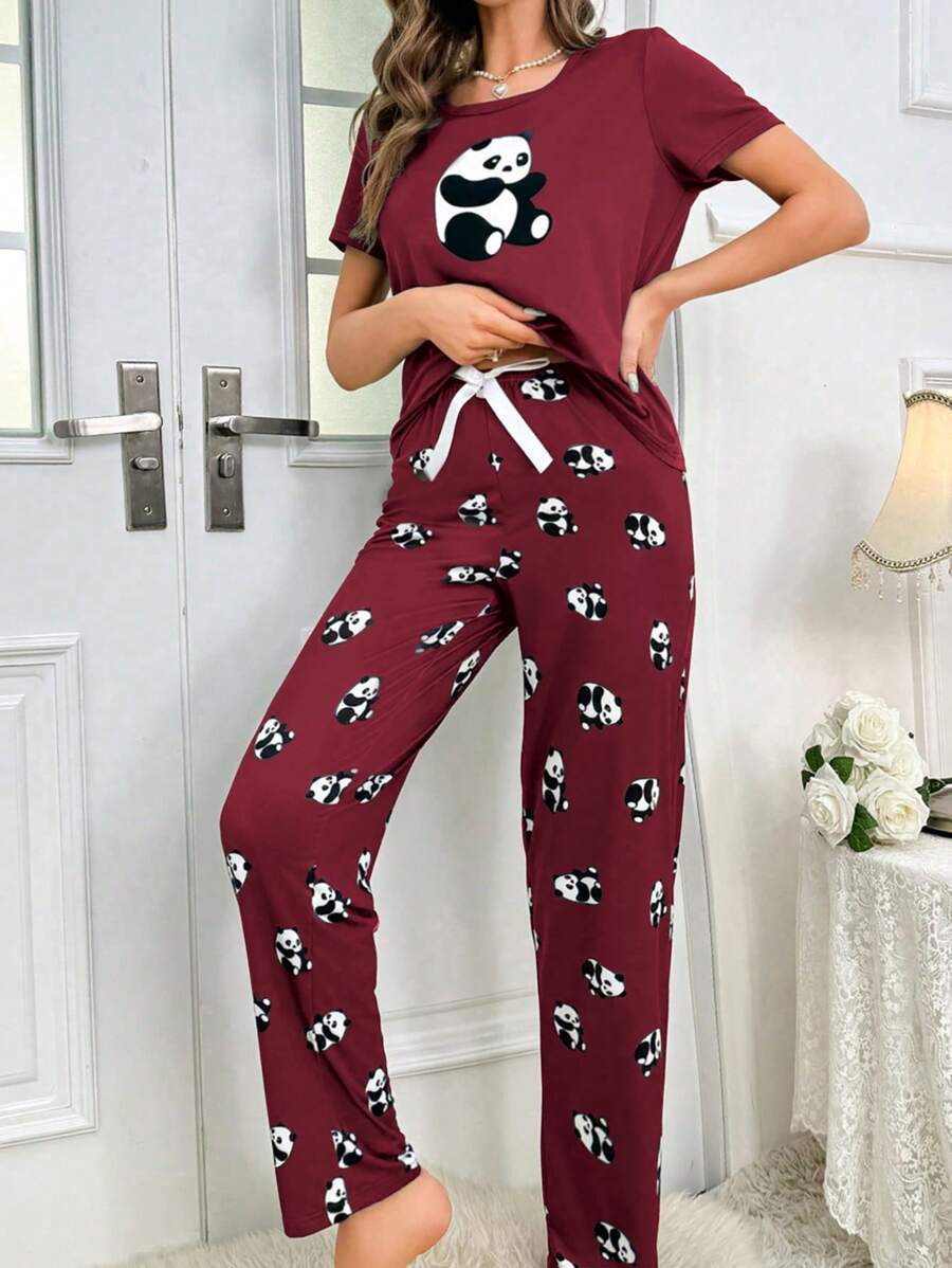 Women's Panda Print Short Sleeve Top And Long Pants Pajama Sets