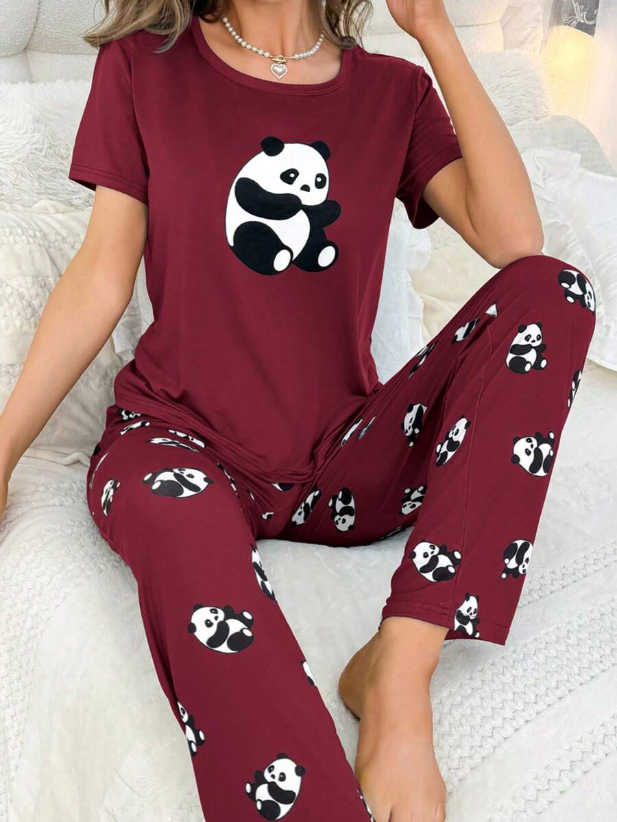 Women's Panda Print Short Sleeve Top And Long Pants Pajama Sets