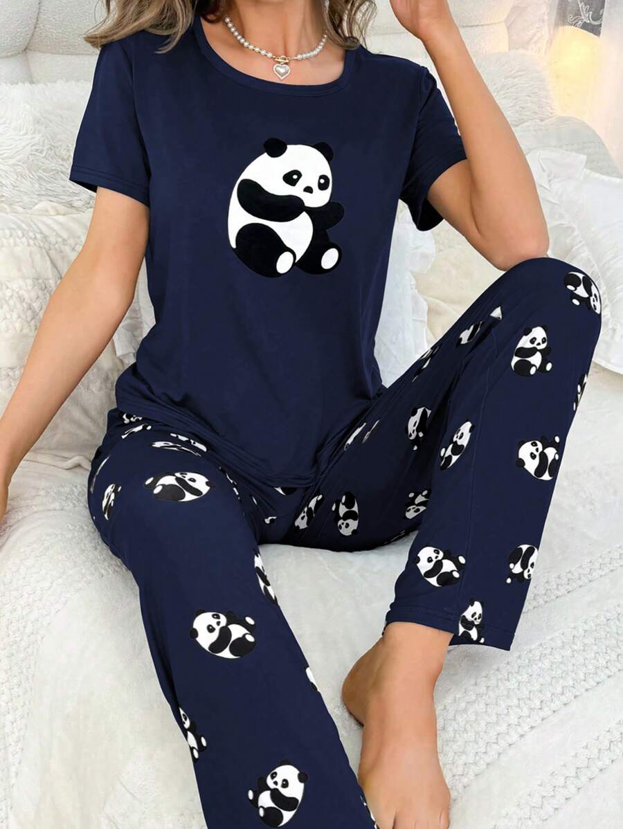 Women's Panda Print Short Sleeve Top And Long Pants Pajama Sets