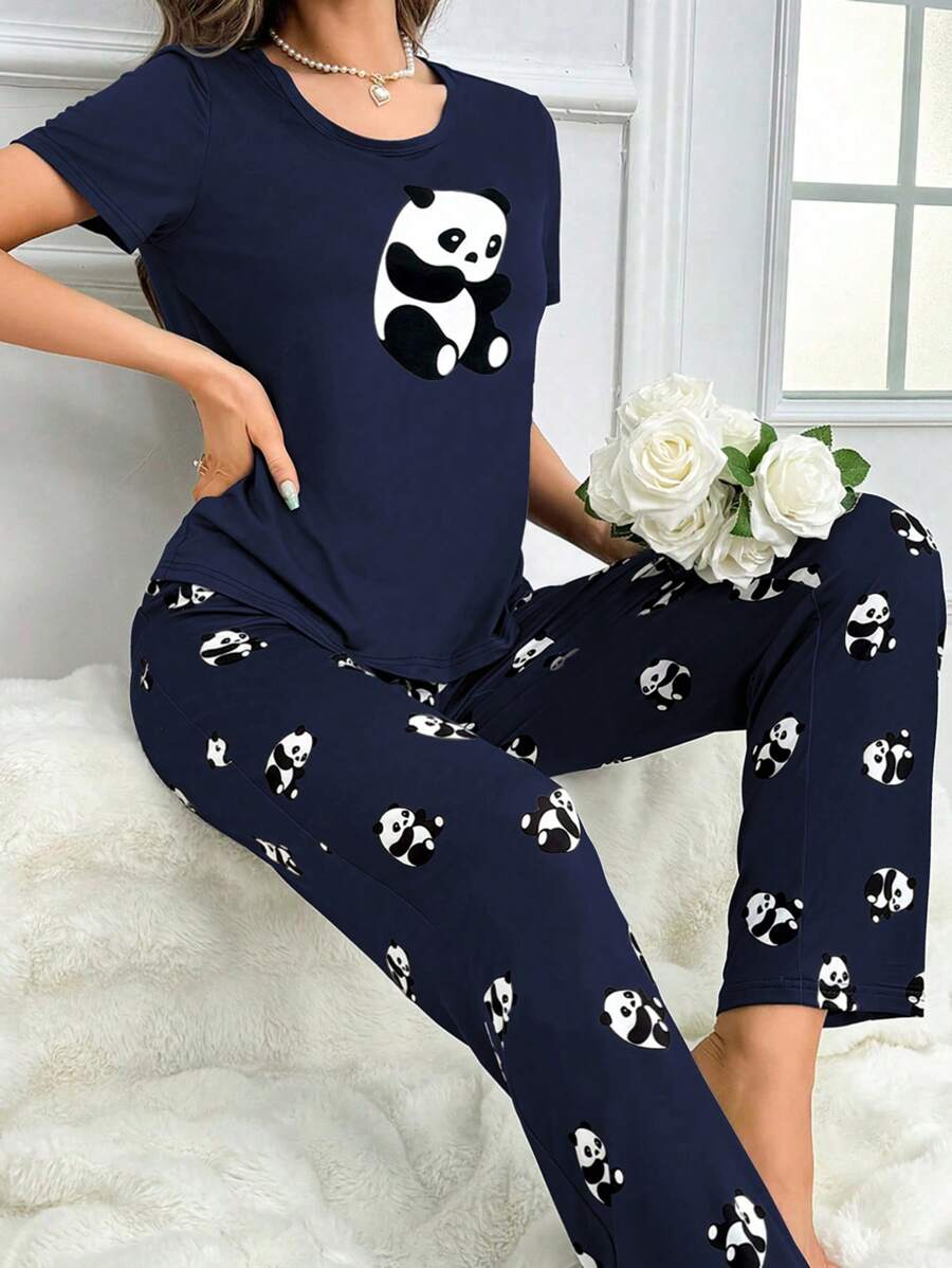 Women's Panda Print Short Sleeve Top And Long Pants Pajama Sets