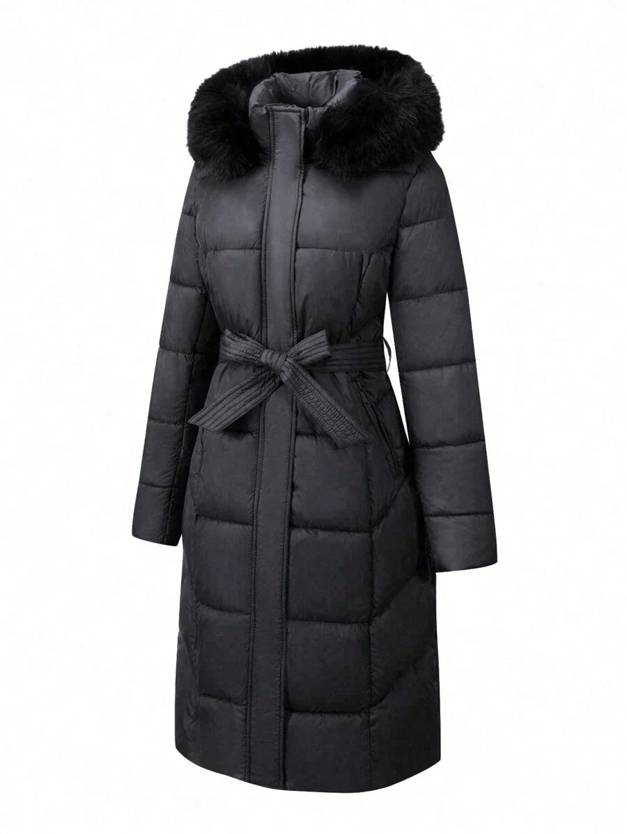 Risissida Women's Casual Hooded Jacket With Pockets, Lightweight Faux Fur Lined Quilted Trench Coat, Fall Daily Wear Winter Coat