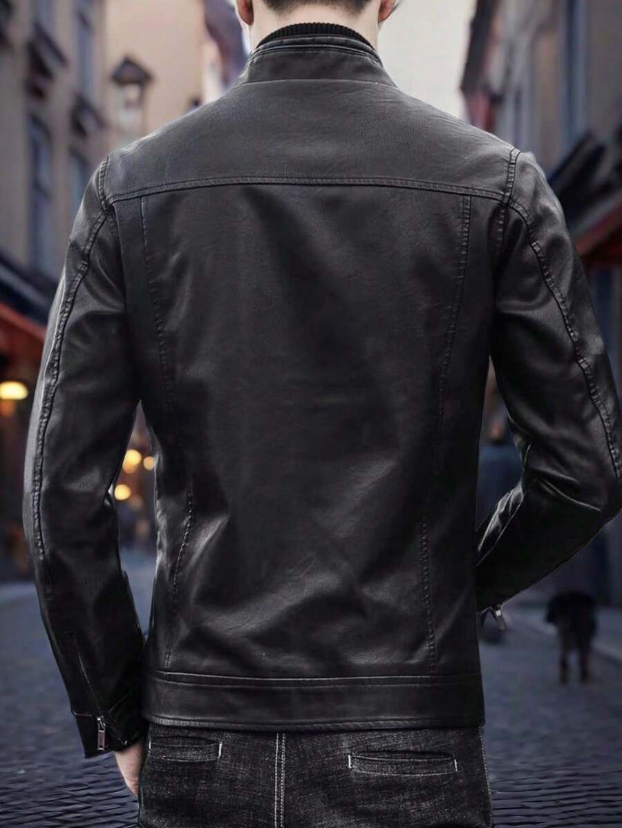 1pc Boyfriend Style Men's Jacket, Spring & Autumn Motorcycle Jacket PU Leather Zipper Coat