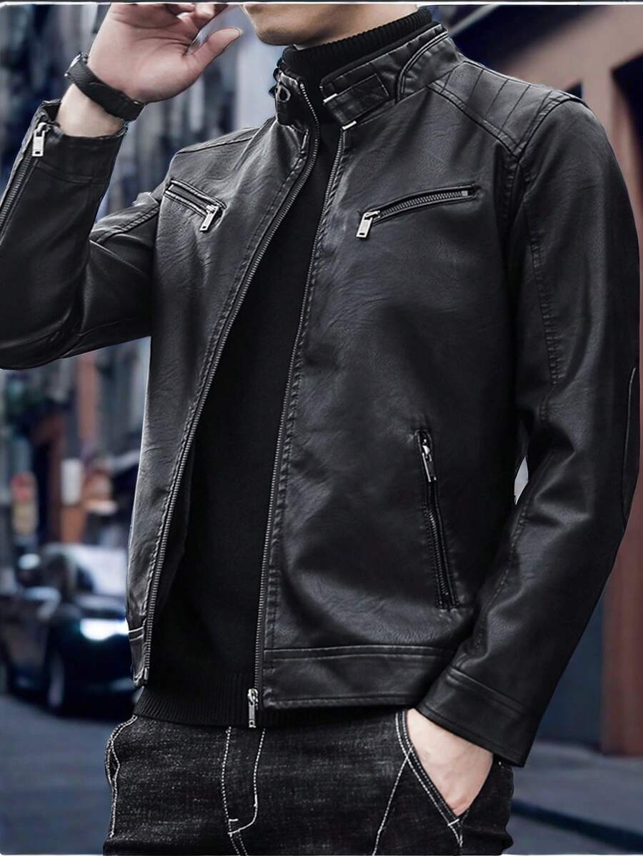1pc Boyfriend Style Men's Jacket, Spring & Autumn Motorcycle Jacket PU Leather Zipper Coat