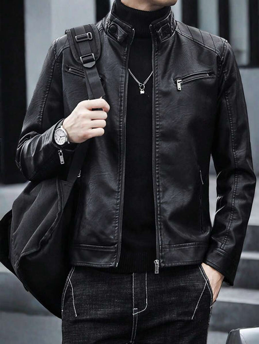 1pc Boyfriend Style Men's Jacket, Spring & Autumn Motorcycle Jacket PU Leather Zipper Coat