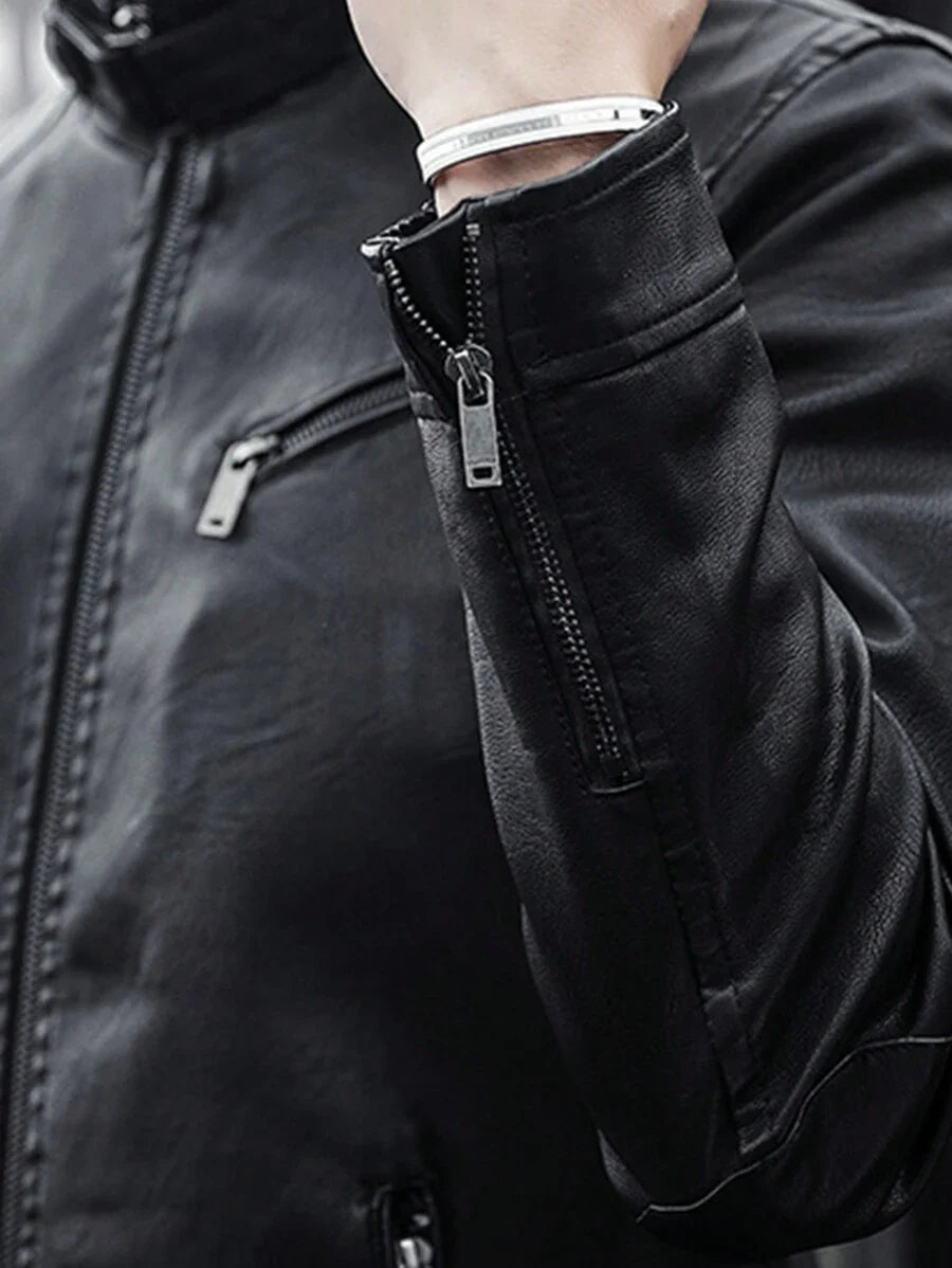 1pc Boyfriend Style Men's Jacket, Spring & Autumn Motorcycle Jacket PU Leather Zipper Coat