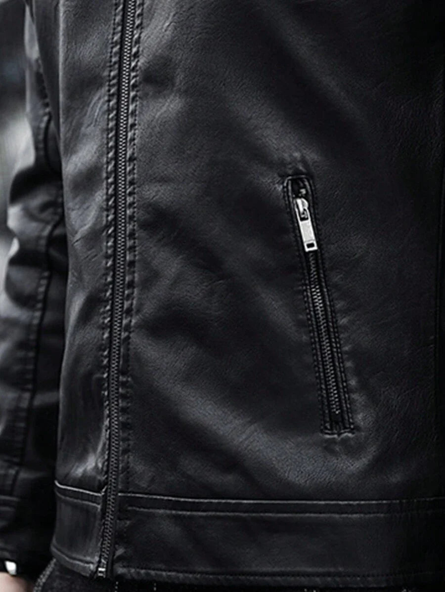 1pc Boyfriend Style Men's Jacket, Spring & Autumn Motorcycle Jacket PU Leather Zipper Coat