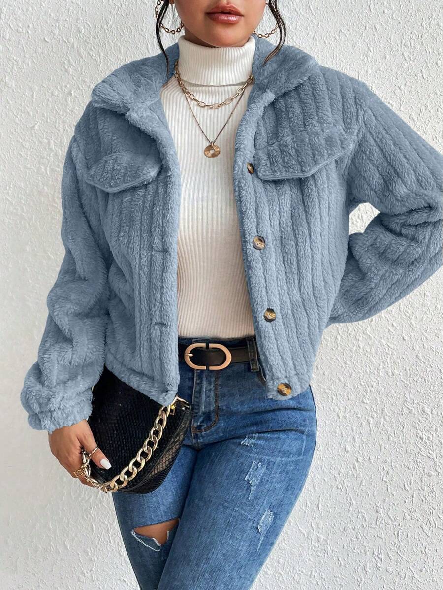 EMERY ROSE Flap Detail Fluffy Jacket Fall Winter Cloth For Women