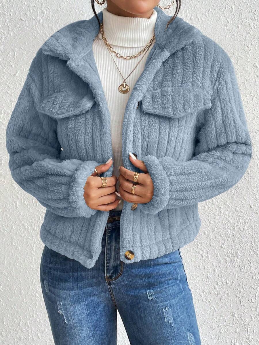 EMERY ROSE Flap Detail Fluffy Jacket Fall Winter Cloth For Women