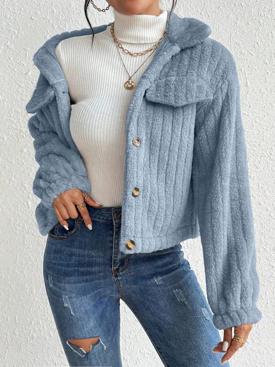 EMERY ROSE Flap Detail Fluffy Jacket Fall Winter Cloth For Women