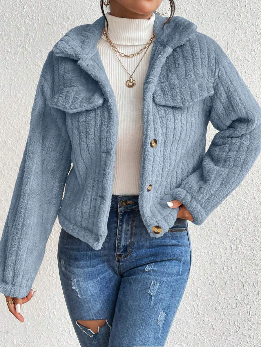 EMERY ROSE Flap Detail Fluffy Jacket Fall Winter Cloth For Women