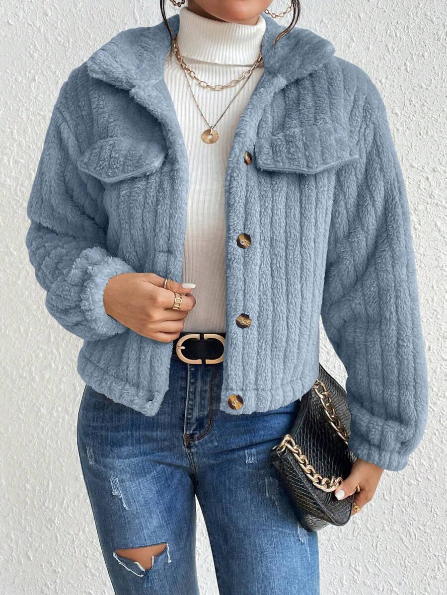 EMERY ROSE Flap Detail Fluffy Jacket Fall Winter Cloth For Women