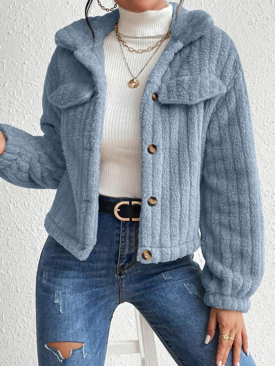 EMERY ROSE Flap Detail Fluffy Jacket Fall Winter Cloth For Women