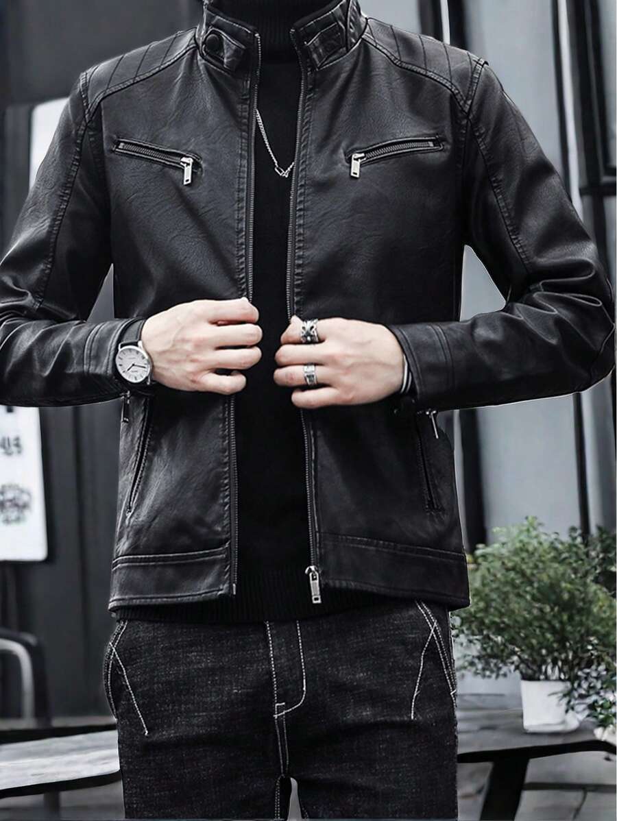 1pc Boyfriend Style Men's Jacket, Spring & Autumn Motorcycle Jacket PU Leather Zipper Coat