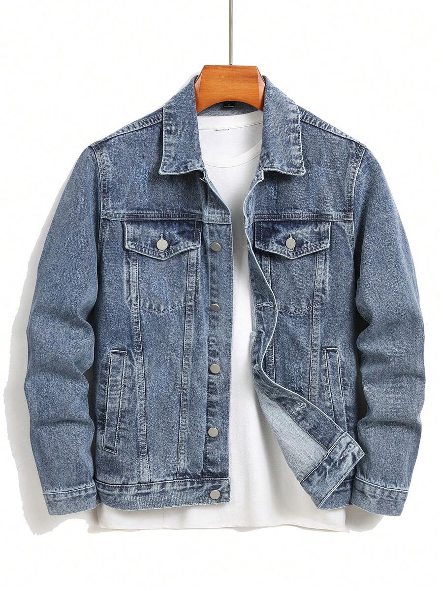Manfinity Homme Men's Distressed Long Sleeve Denim Jacket, Dark Cotton Plain Black Party Grunge Rapper Going Out Vacation National Park Urban Gym, For Fall