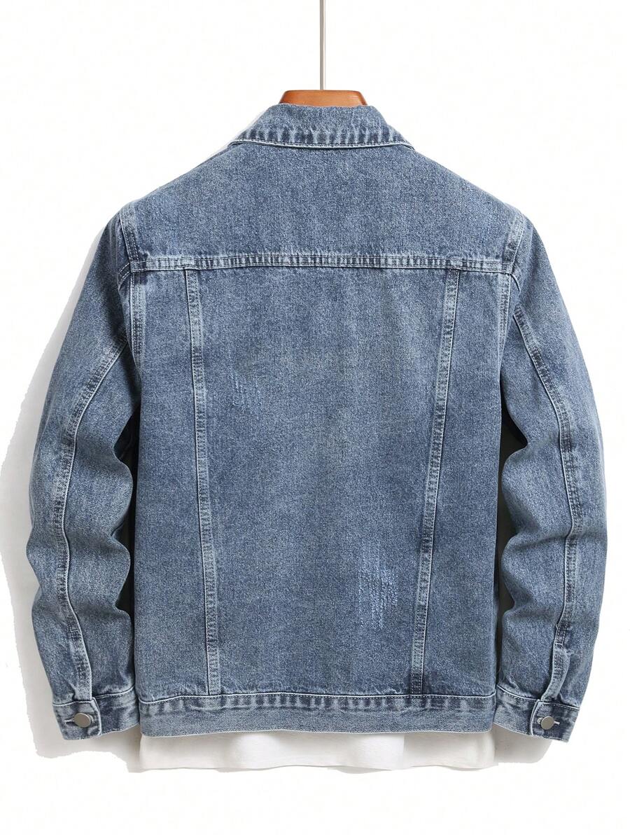 Manfinity Homme Men's Distressed Long Sleeve Denim Jacket, Dark Cotton Plain Black Party Grunge Rapper Going Out Vacation National Park Urban Gym, For Fall