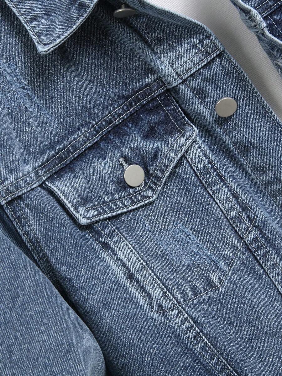 Manfinity Homme Men's Distressed Long Sleeve Denim Jacket, Dark Cotton Plain Black Party Grunge Rapper Going Out Vacation National Park Urban Gym, For Fall