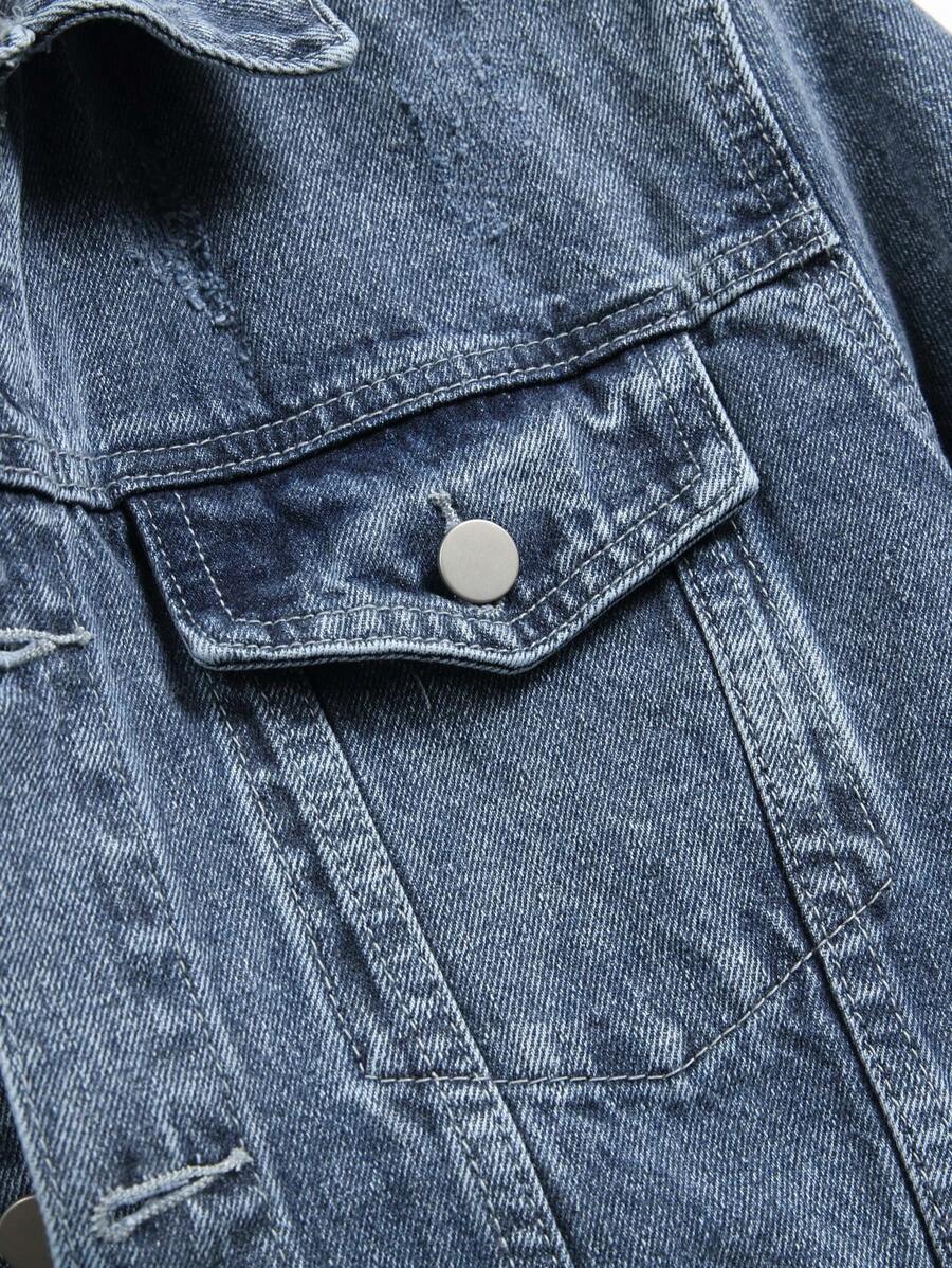 Manfinity Homme Men's Distressed Long Sleeve Denim Jacket, Dark Cotton Plain Black Party Grunge Rapper Going Out Vacation National Park Urban Gym, For Fall