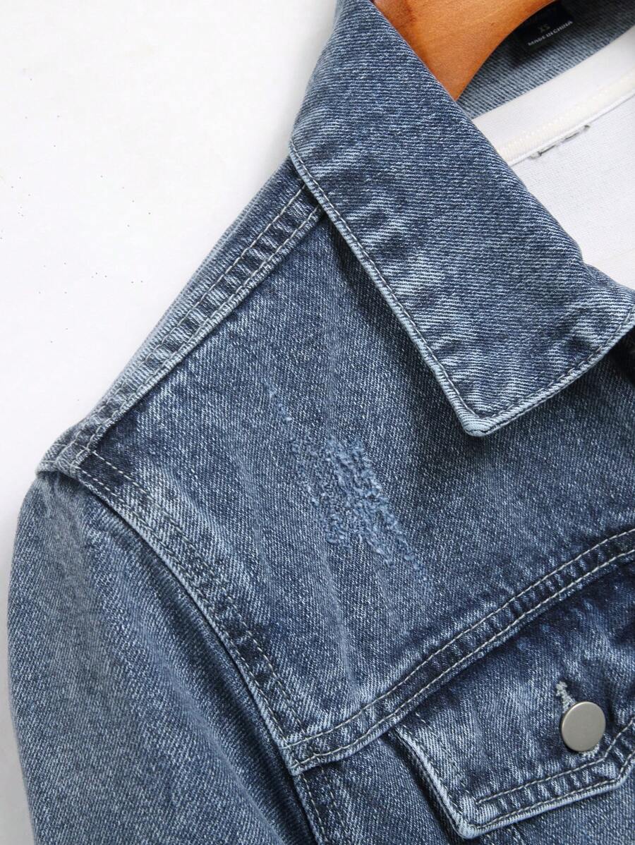 Manfinity Homme Men's Distressed Long Sleeve Denim Jacket, Dark Cotton Plain Black Party Grunge Rapper Going Out Vacation National Park Urban Gym, For Fall
