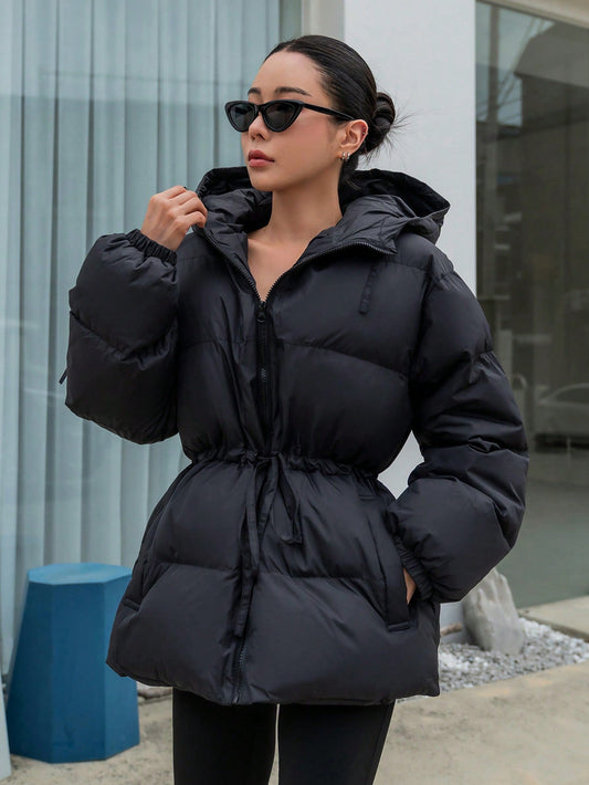 DAZY Women's Hooded Cinched Waist Loose Fit Long Sleeve Padded Coat, Winter Women Clothes, Padded Coat Women Jacket