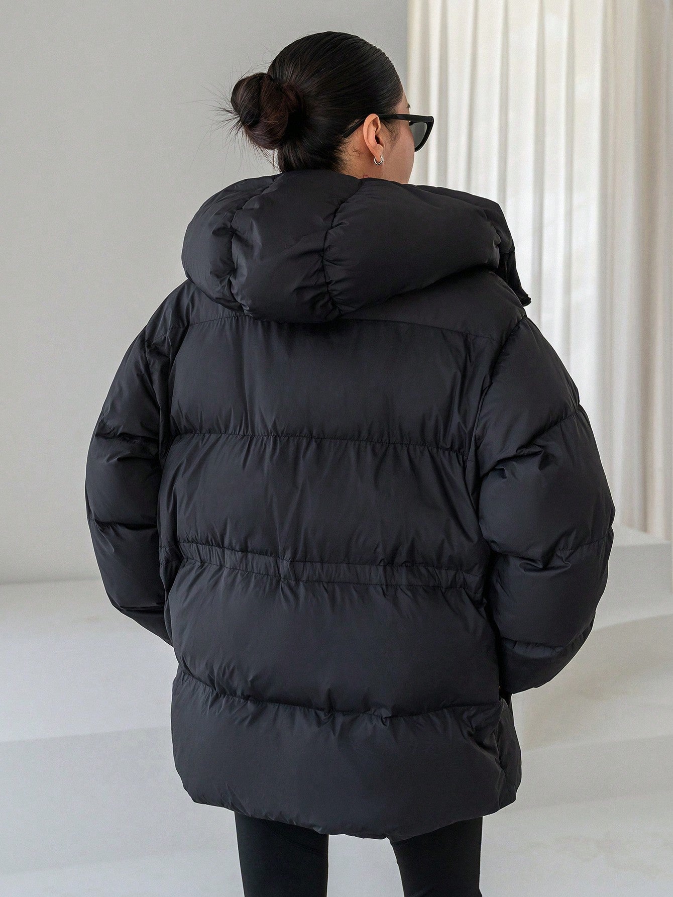 DAZY Women's Hooded Cinched Waist Loose Fit Long Sleeve Padded Coat, Winter Women Clothes, Padded Coat Women Jacket