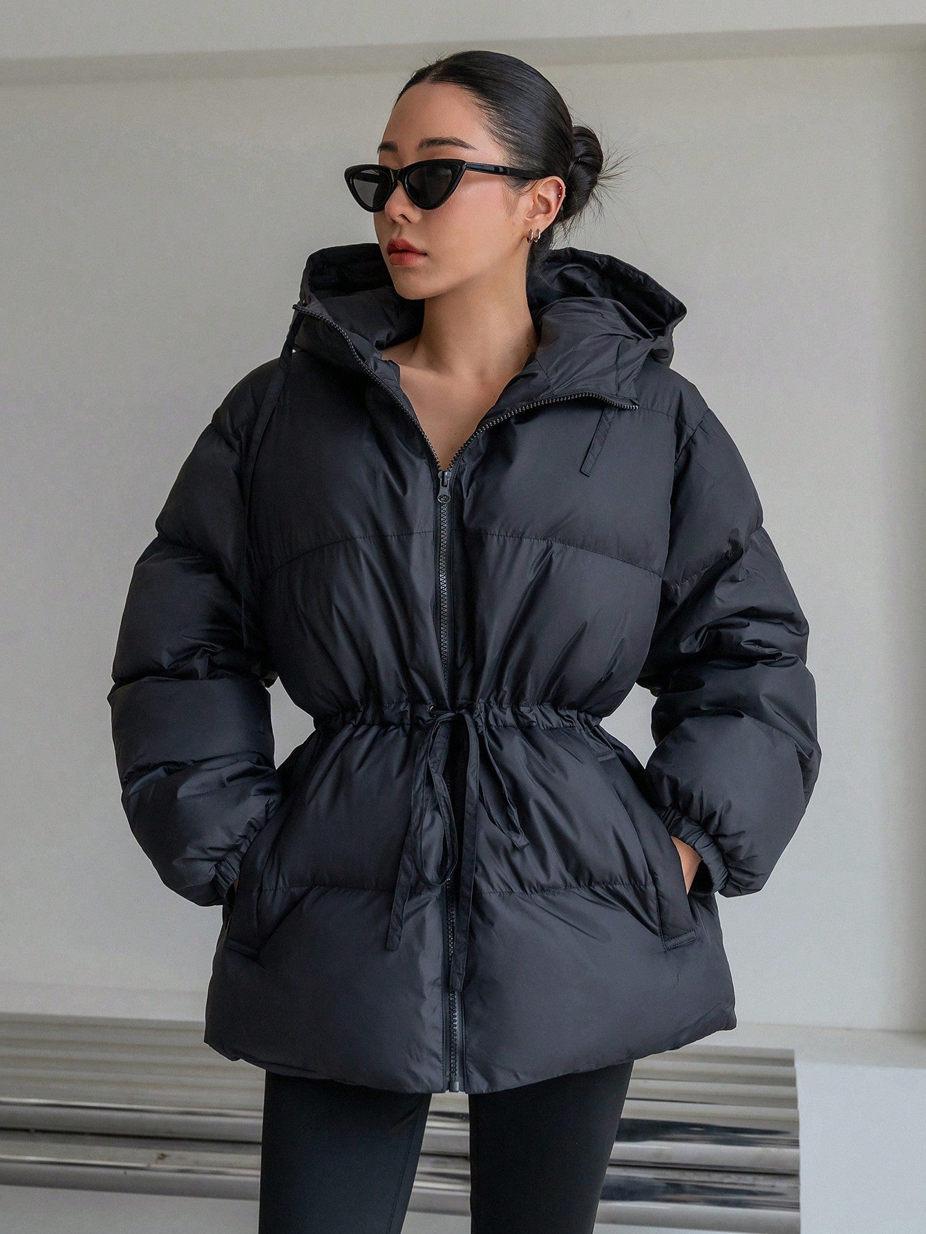 DAZY Women's Hooded Cinched Waist Loose Fit Long Sleeve Padded Coat, Winter Women Clothes, Padded Coat Women Jacket