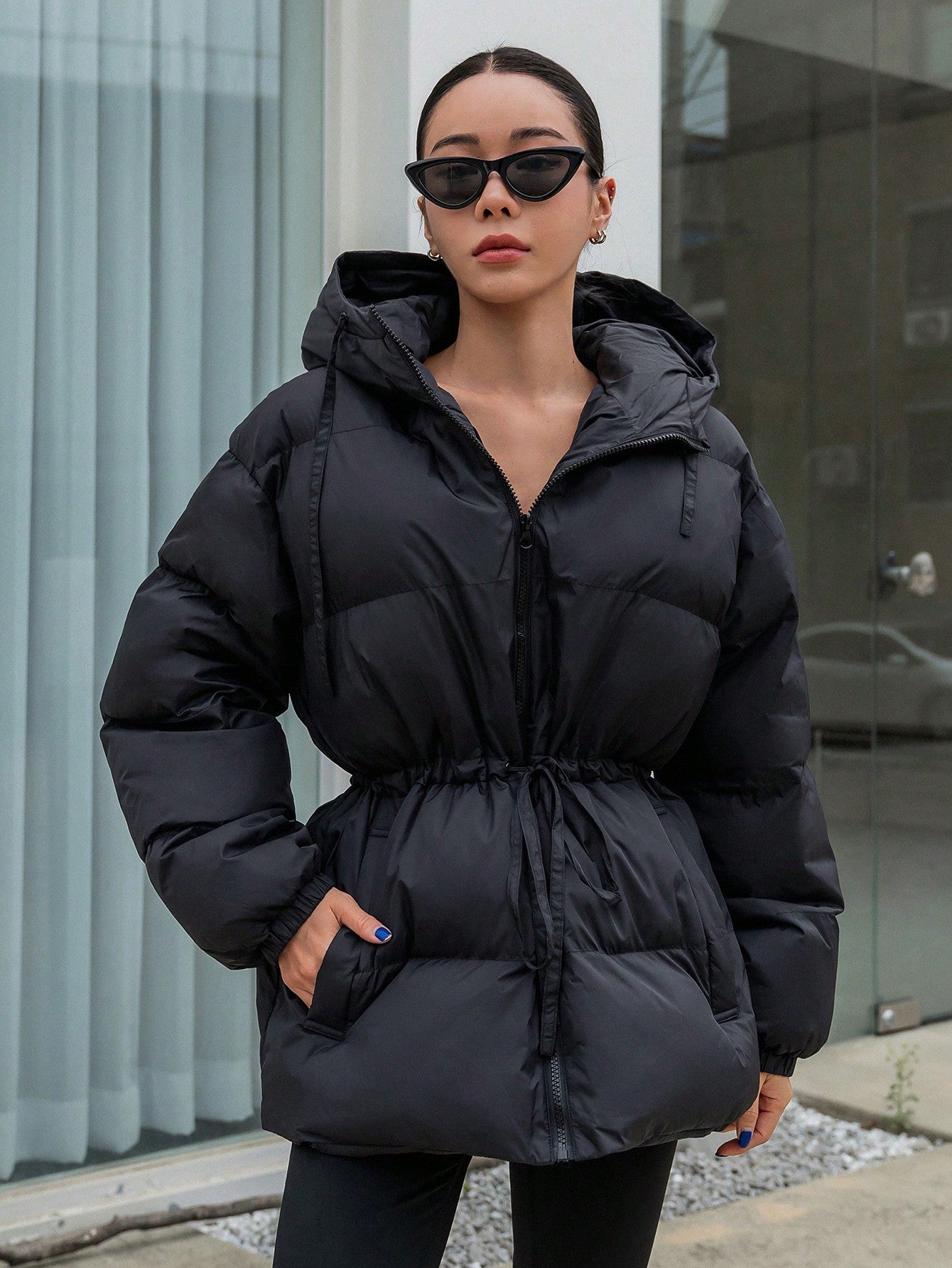DAZY Women's Hooded Cinched Waist Loose Fit Long Sleeve Padded Coat, Winter Women Clothes, Padded Coat Women Jacket
