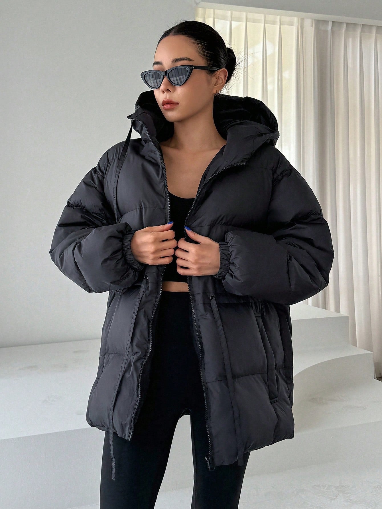 DAZY Women's Hooded Cinched Waist Loose Fit Long Sleeve Padded Coat, Winter Women Clothes, Padded Coat Women Jacket