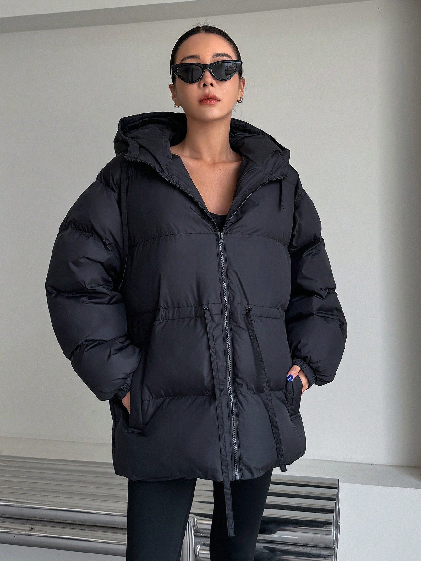 DAZY Women's Hooded Cinched Waist Loose Fit Long Sleeve Padded Coat, Winter Women Clothes, Padded Coat Women Jacket