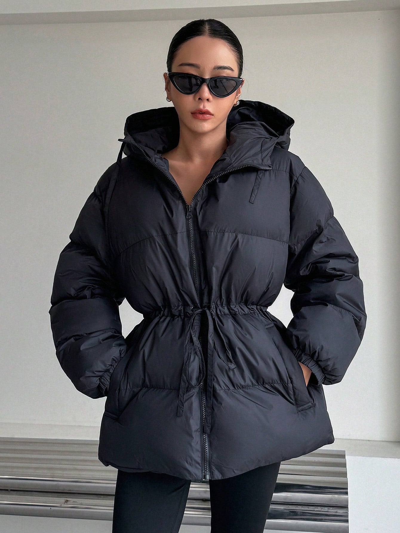 DAZY Women's Hooded Cinched Waist Loose Fit Long Sleeve Padded Coat, Winter Women Clothes, Padded Coat Women Jacket