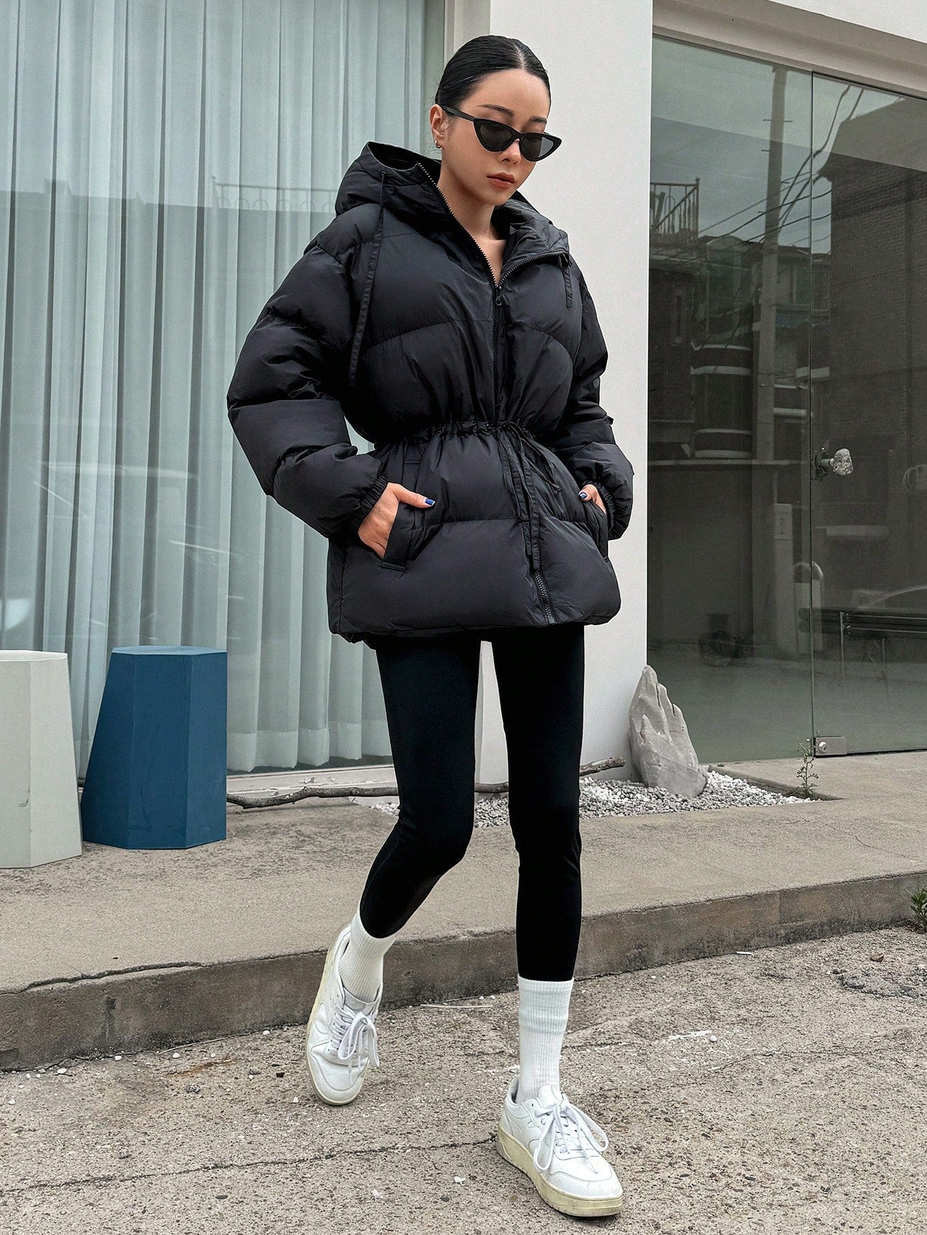 DAZY Women's Hooded Cinched Waist Loose Fit Long Sleeve Padded Coat, Winter Women Clothes, Padded Coat Women Jacket