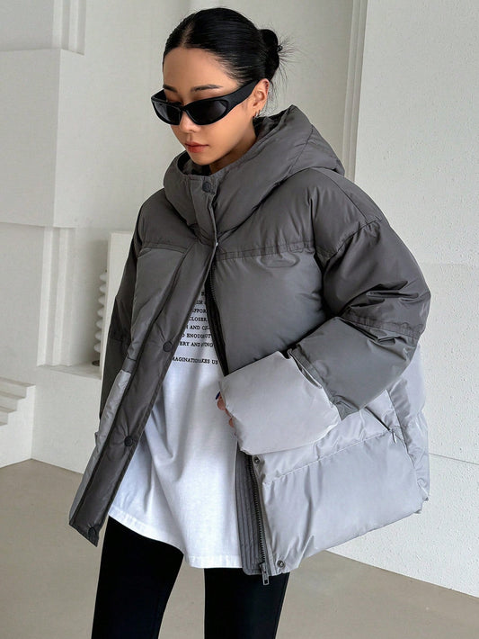 DAZY Contrast Color Patchwork Hooded Loose Casual Women Padded Coat,Winter Women Clothes,Padded Coat Women Jacket