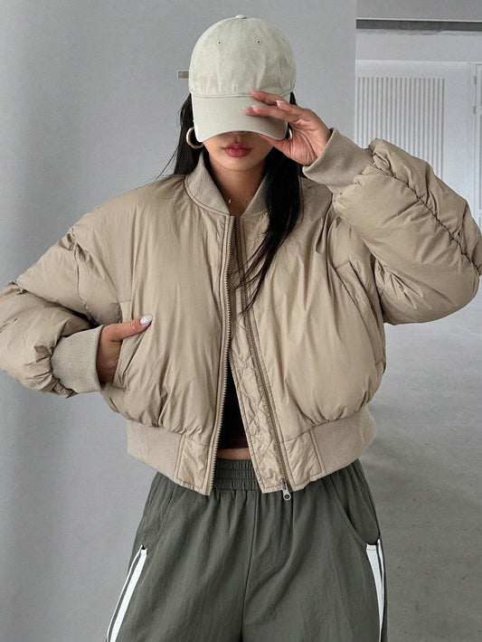 DAZY Women's Solid Color Baseball Collar Long Sleeve Short Casual Padded Coat, Winter ,Winter Women Clothes,Winter Coat Women Jacket