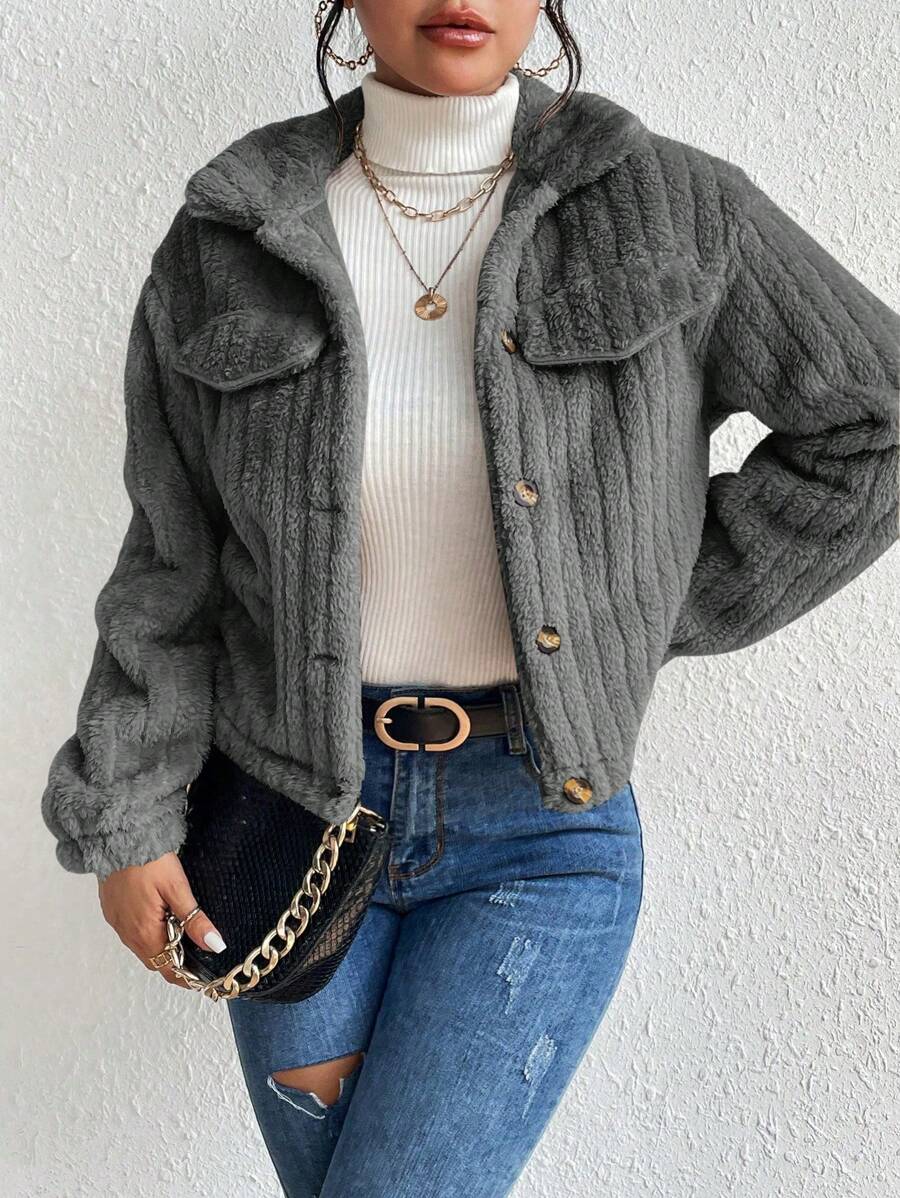 EMERY ROSE Flap Detail Fluffy Jacket Fall Winter Cloth For Women