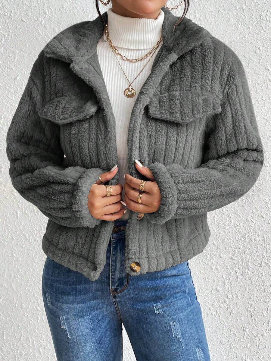 EMERY ROSE Flap Detail Fluffy Jacket Fall Winter Cloth For Women