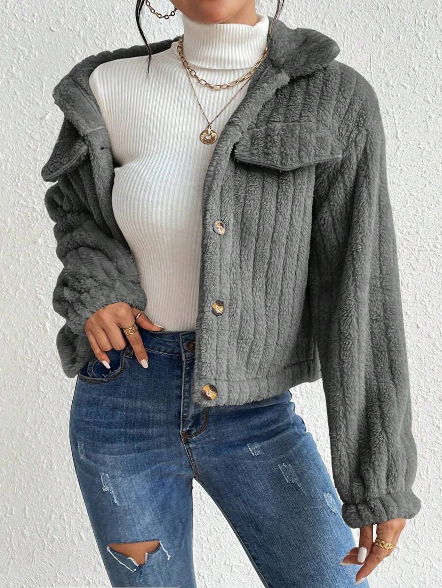 EMERY ROSE Flap Detail Fluffy Jacket Fall Winter Cloth For Women