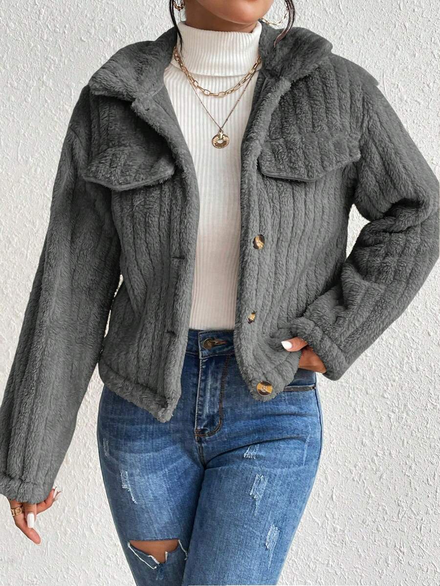 EMERY ROSE Flap Detail Fluffy Jacket Fall Winter Cloth For Women