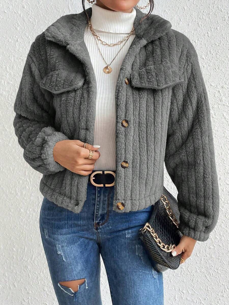 EMERY ROSE Flap Detail Fluffy Jacket Fall Winter Cloth For Women