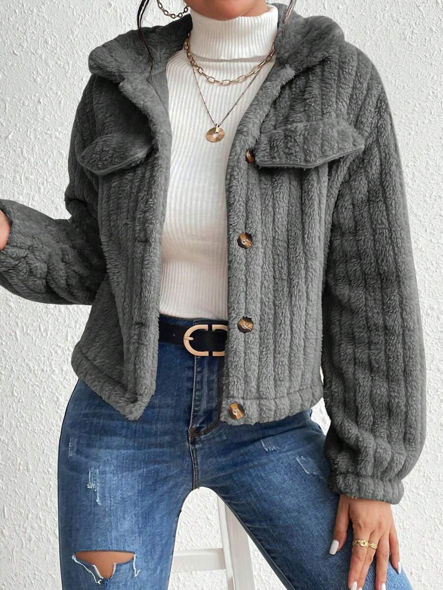 EMERY ROSE Flap Detail Fluffy Jacket Fall Winter Cloth For Women