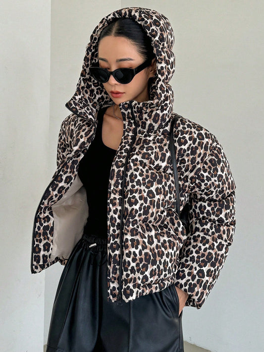 DAZY Leopard Print Loose Hooded Long Sleeve Zipper Women's Padded Coat Jacket ,Winter Women Clothes,Winter Coat Women